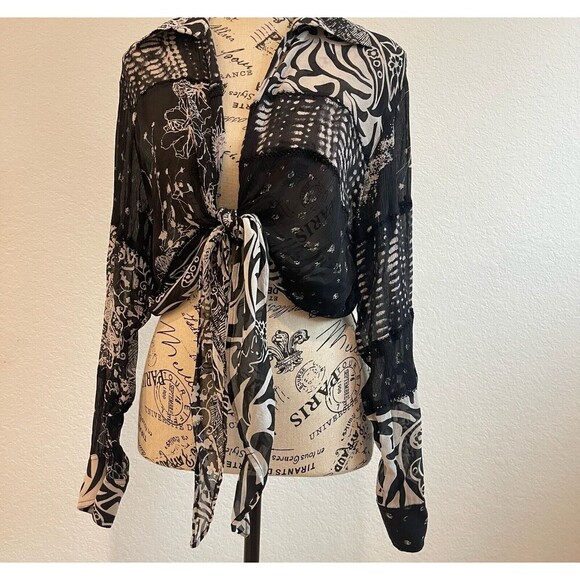 Chico's Womens Blazer Black Large (3) Collared Tie Front 100% Silk‎ Boho Sheer - Picture 1 of 9